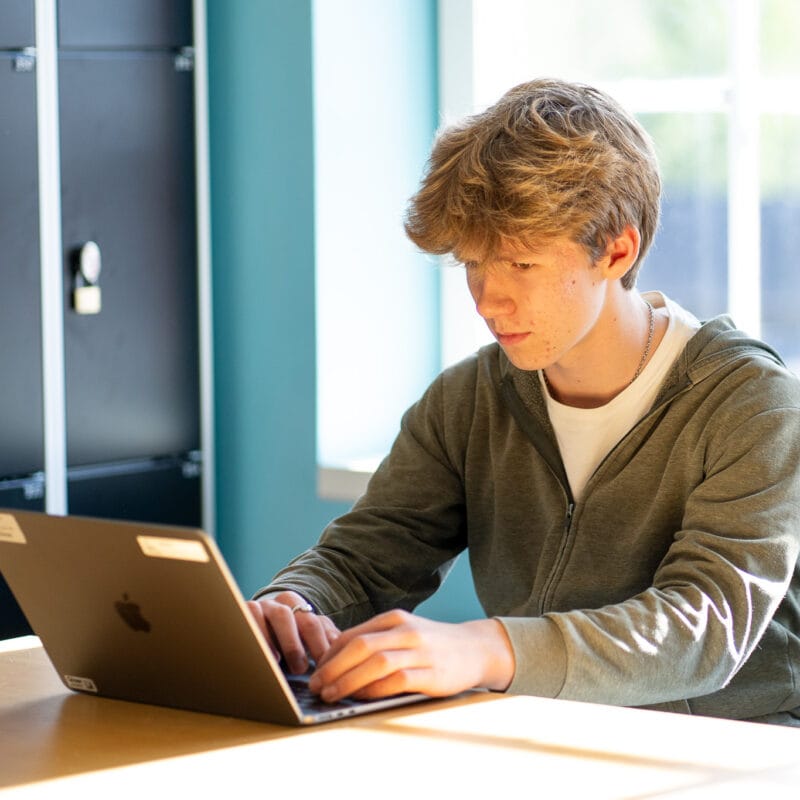 En elev sitter vid datorn. Datainformerad skolutveckling.