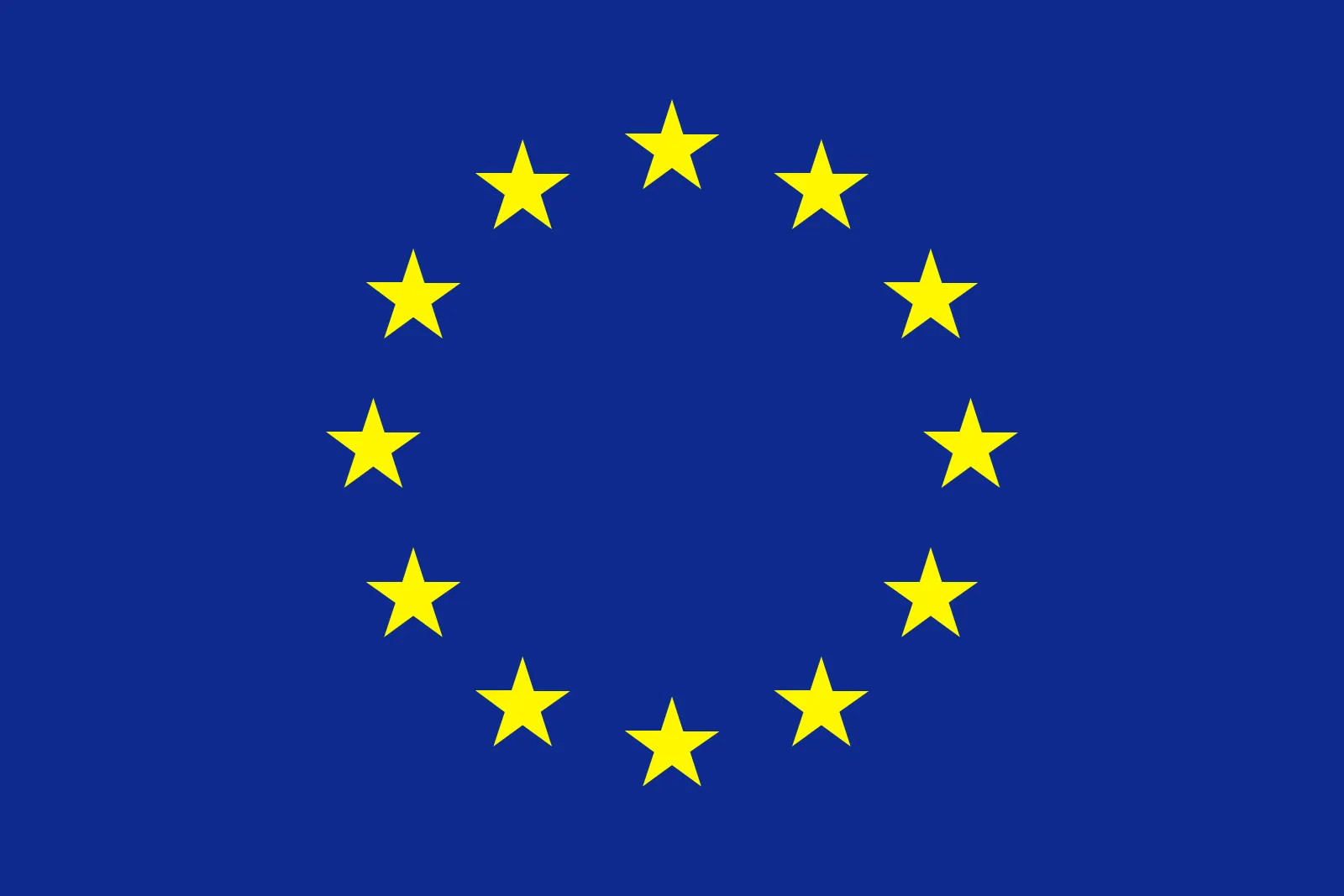 En blå flagga med tolv gula stjärnor i cirkel, EU:s symbol, mot enfärgad blå bakgrund.